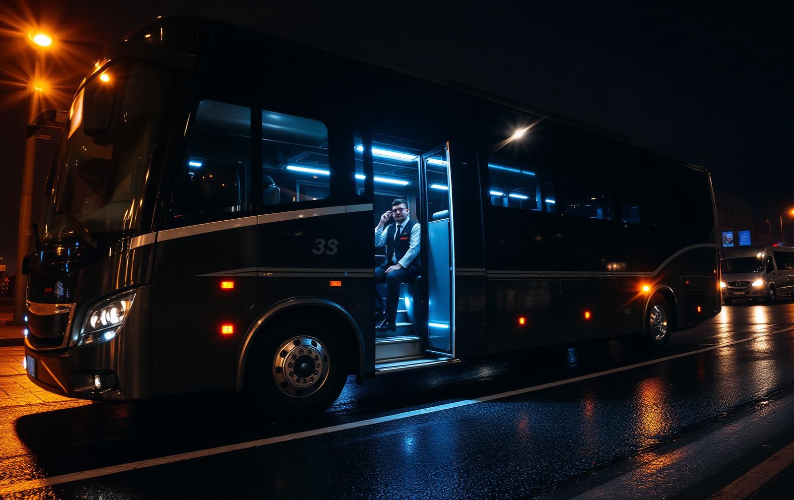 Autocar negro de lujo con conductor uniformado junto a la puerta por la noche